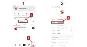 A tutorial screenshot from VertexBazaar showing how to find the User ID in the Poppo Live app. A red arrow marks step 1 (clicking the profile icon), and a red box highlights the Poppo Live ID at the top section.